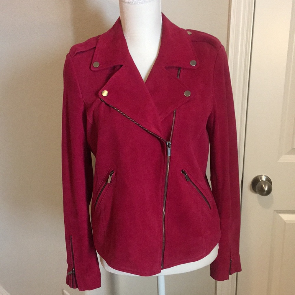 Neiman Marcus Leather Collection Suede Moto Jacket in Magenta, size Medium